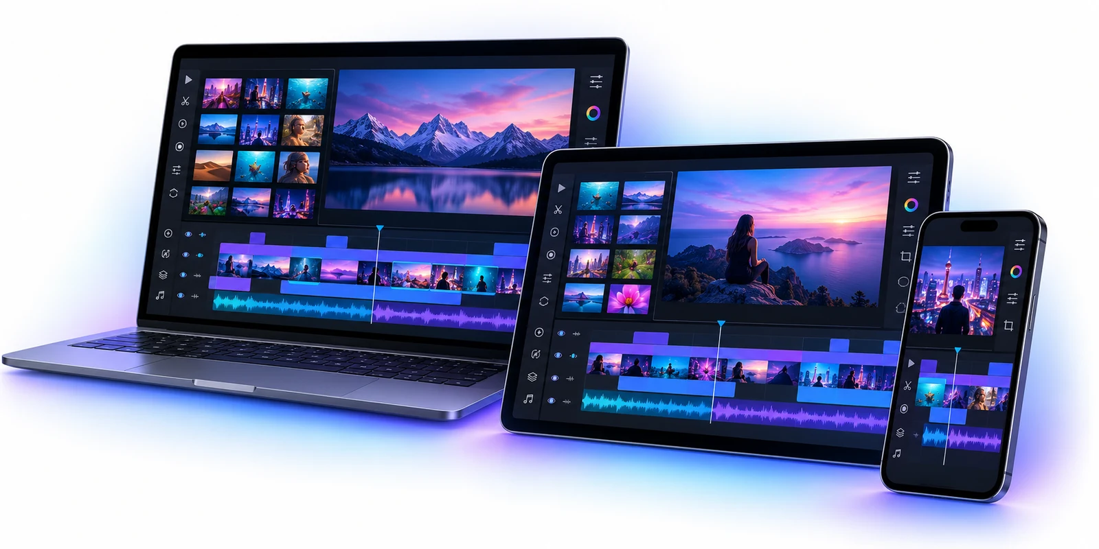 VN Video Editor running on a laptop, tablet and phone